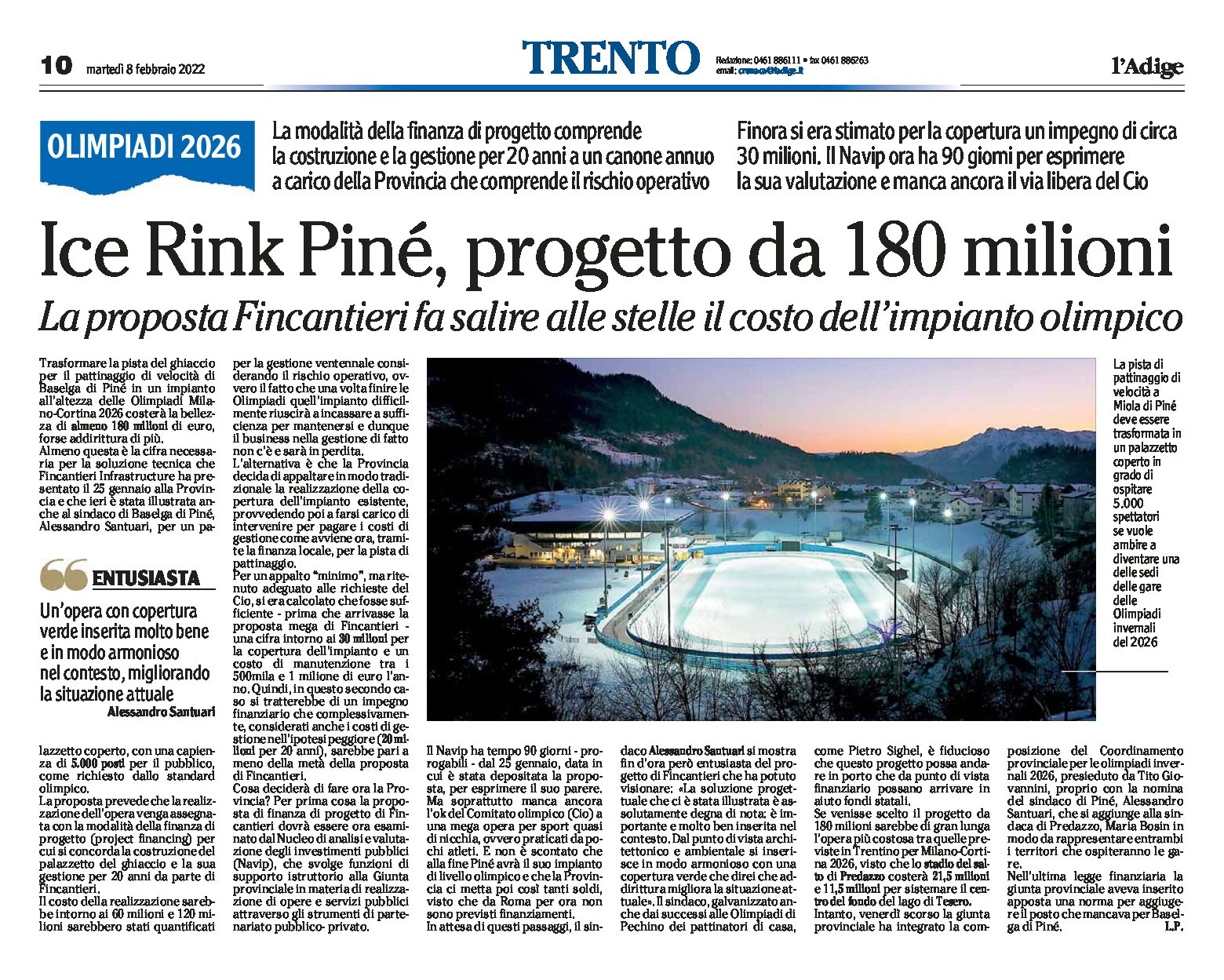 Olimpiadi 2026: Ice Rink Pinè, progetto da 180 milioni