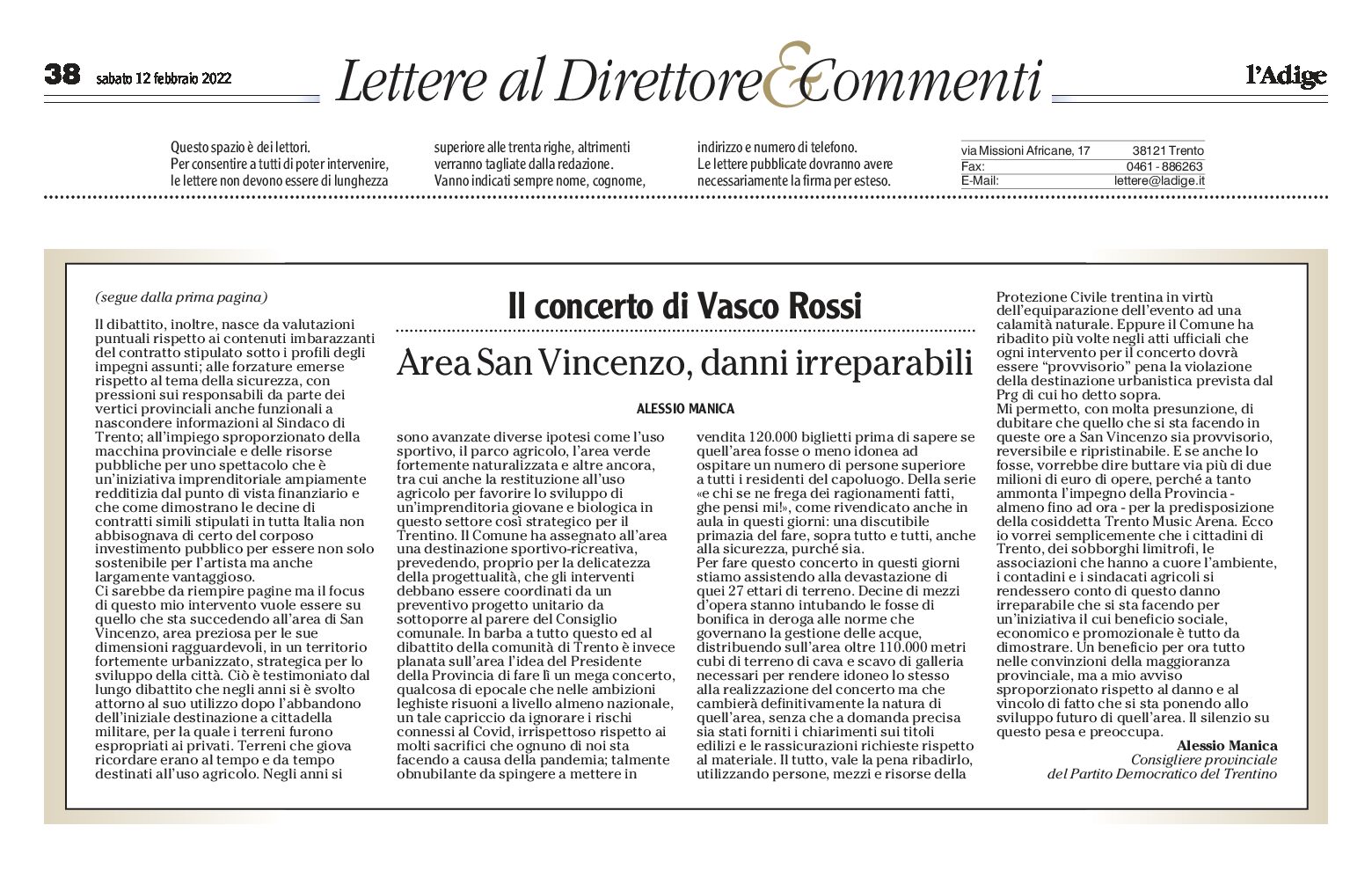 Concerto di Vasco: area San Vincenzo, danni irreparabili. Lettera di Manica