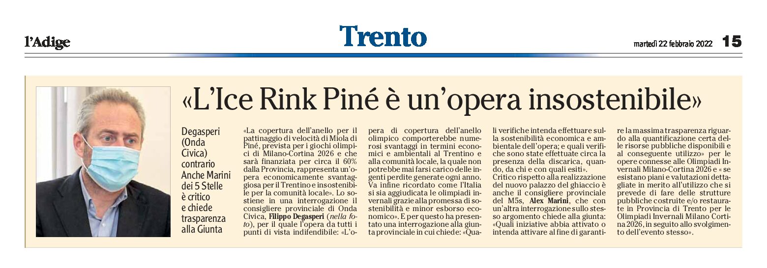 Ice Rink Piné: Degasperi “è un’opera insostenibile”