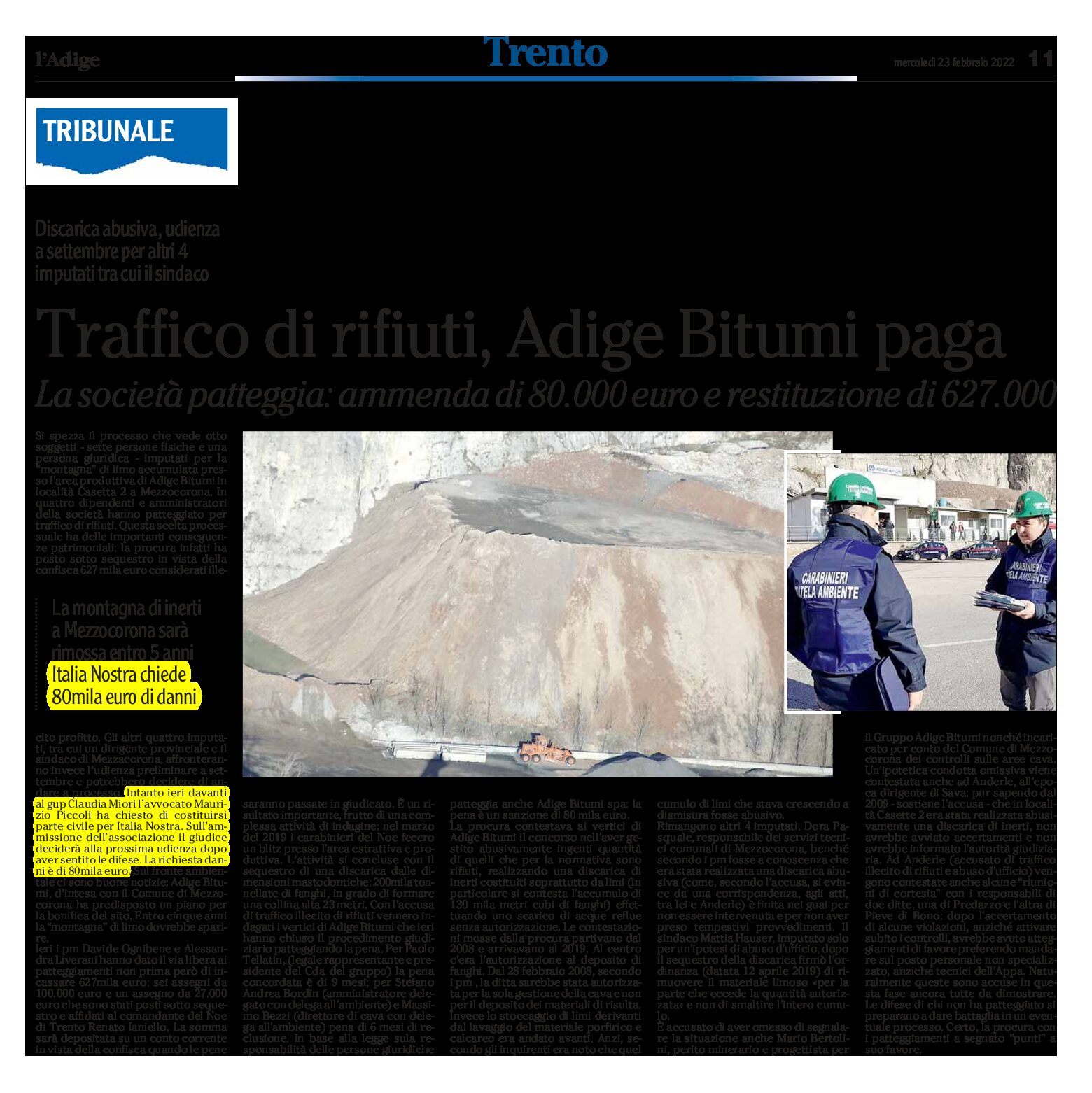 Traffico di rifiuti: Adige Bitumi paga. Italia Nostra parte civile?