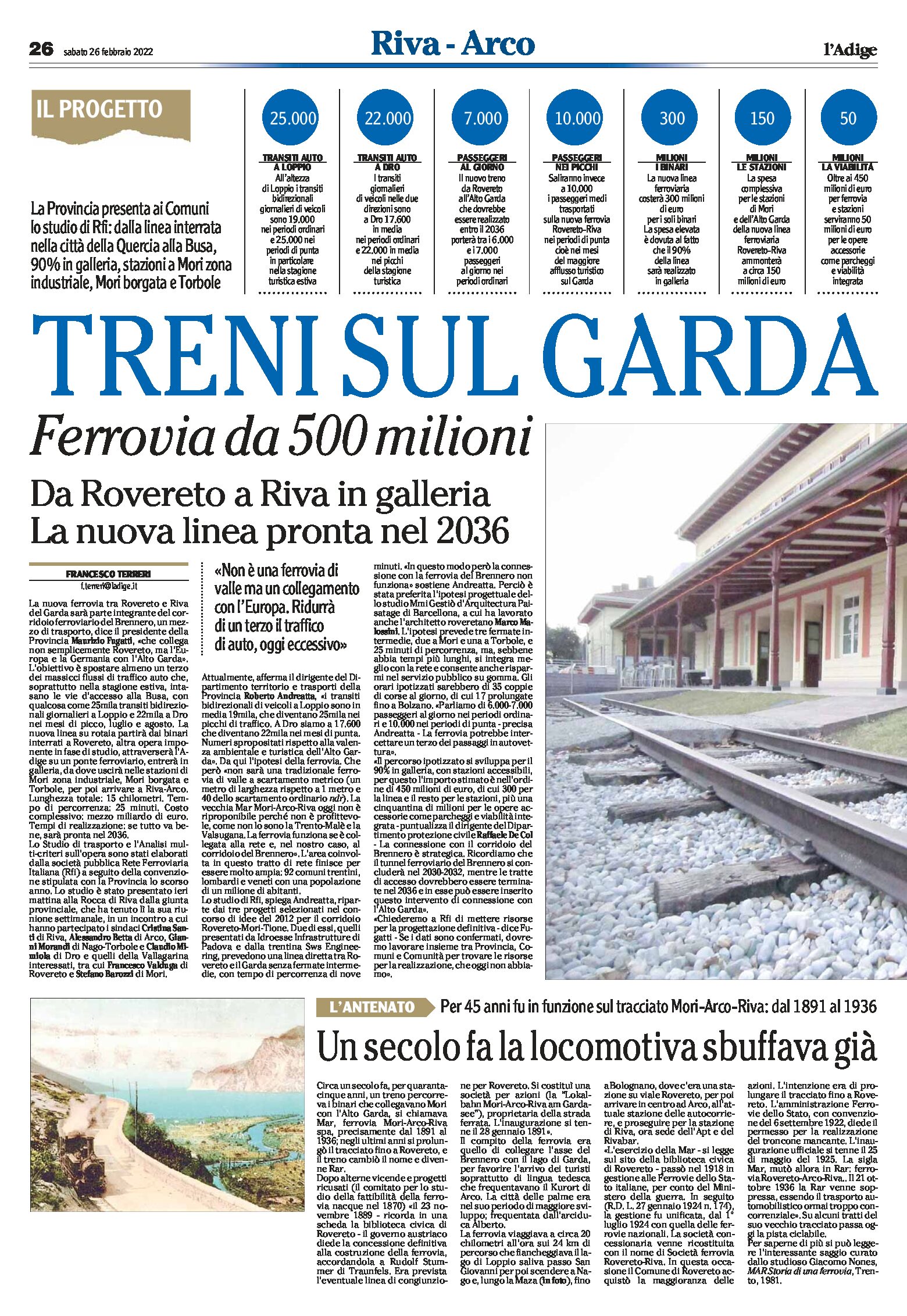 Treni sul Garda: ferrovia da 500 milioni. Da Rovereto a Riva in galleria