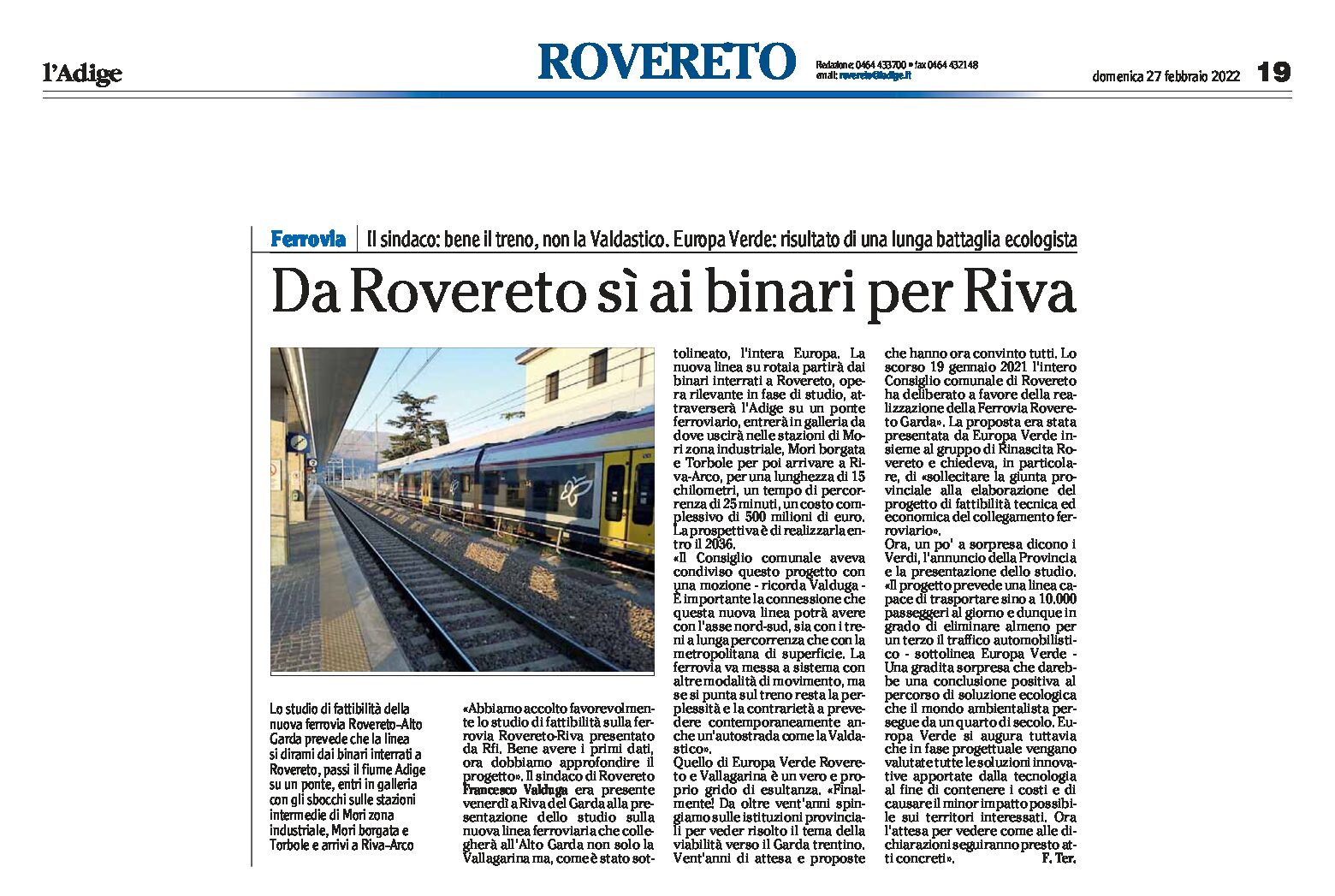 Ferrovia: da Rovereto sì ai binari per Riva