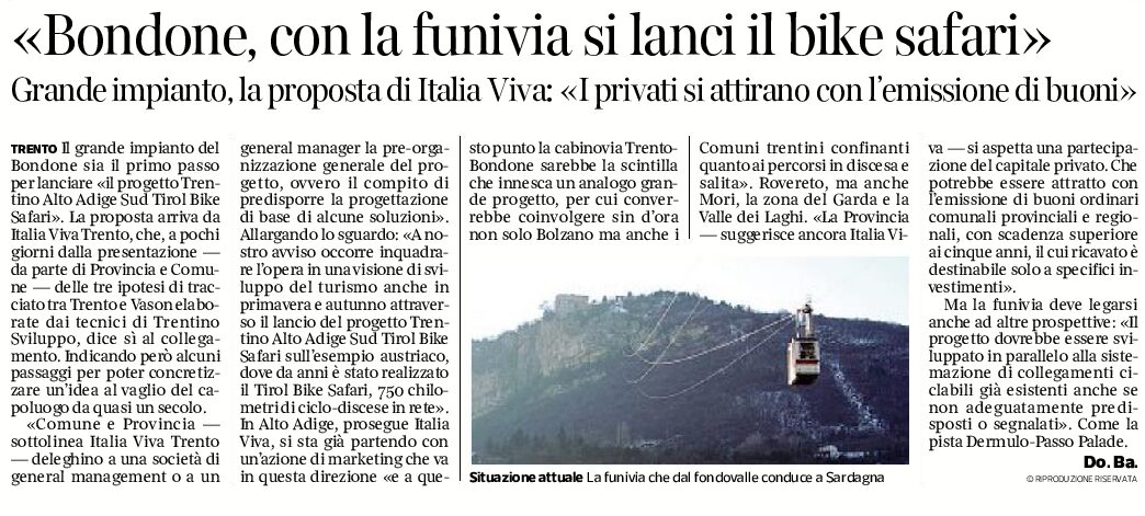 Bondone: Italia Viva “con la funivia si lanci il bike safari”
