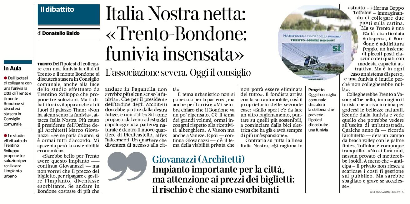 Trento-Bondone: Italia Nostra netta “funivia insensata”
