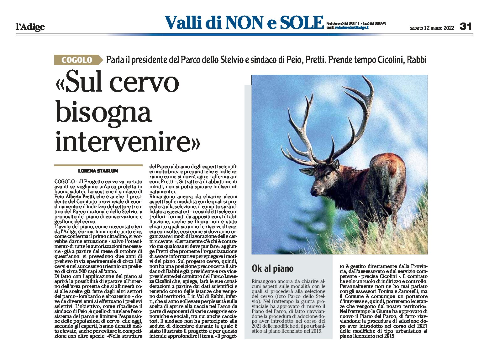 Parco dello Stelvio: il presidente Pretti “sul cervo bisogna intervenire”