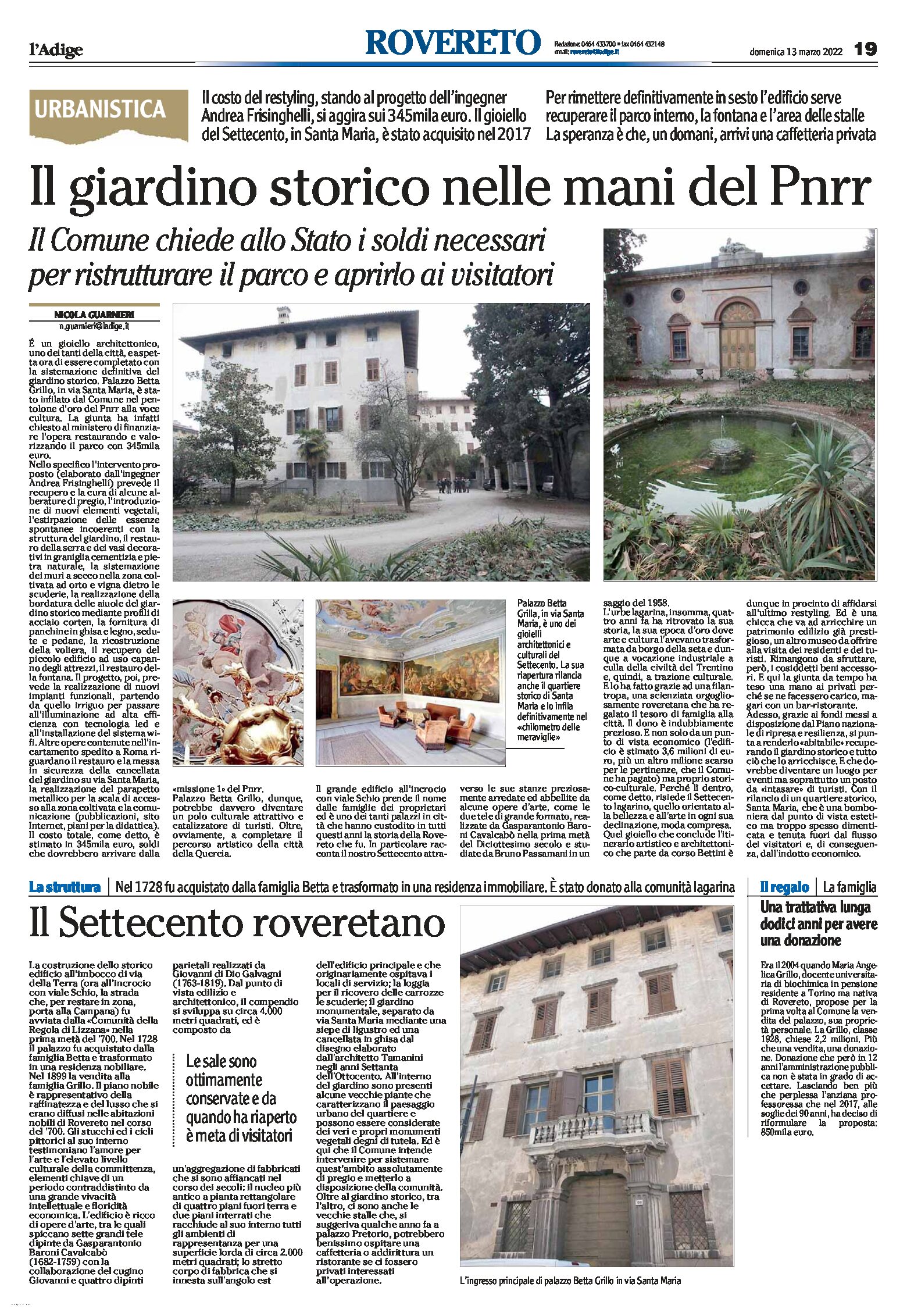 Rovereto, Pnrr: per ristrutturare il giardino storico del Palazzo Betta Grillo