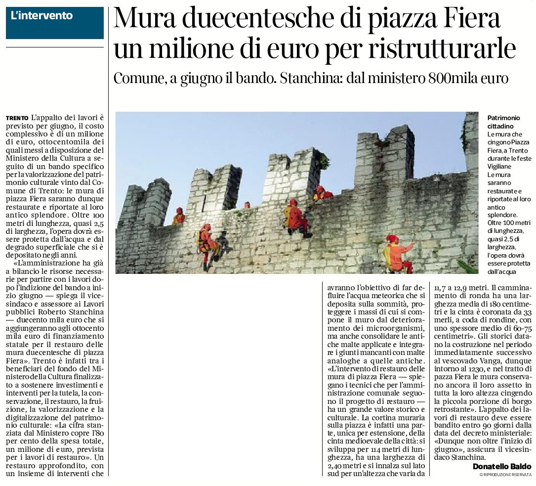 Trento: le mura duecentesche di piazza Fiera saranno restaurate