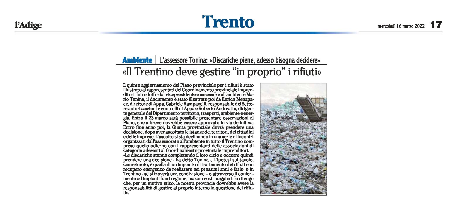 Ambiente: Trentino, Tonina “discariche piene, bisogna decidere”