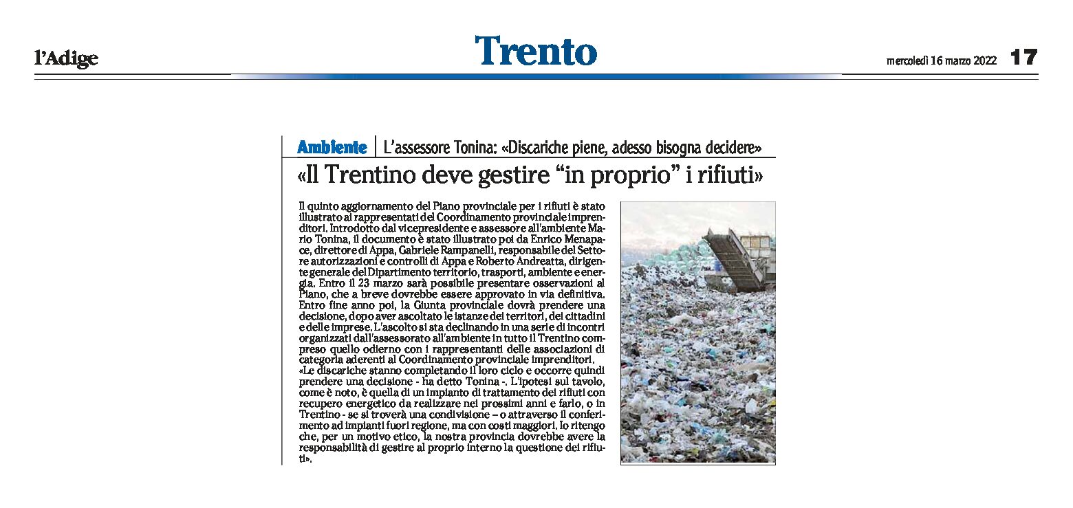 Trentino: deve gestire “in proprio” i rifiuti. Discariche piene, bisogna decidere