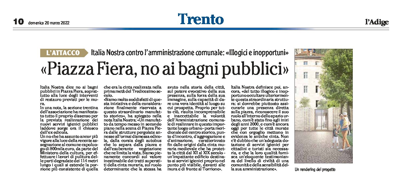 Trento: Italia Nostra “no ai bagni pubblici in Piazza Fiera”
