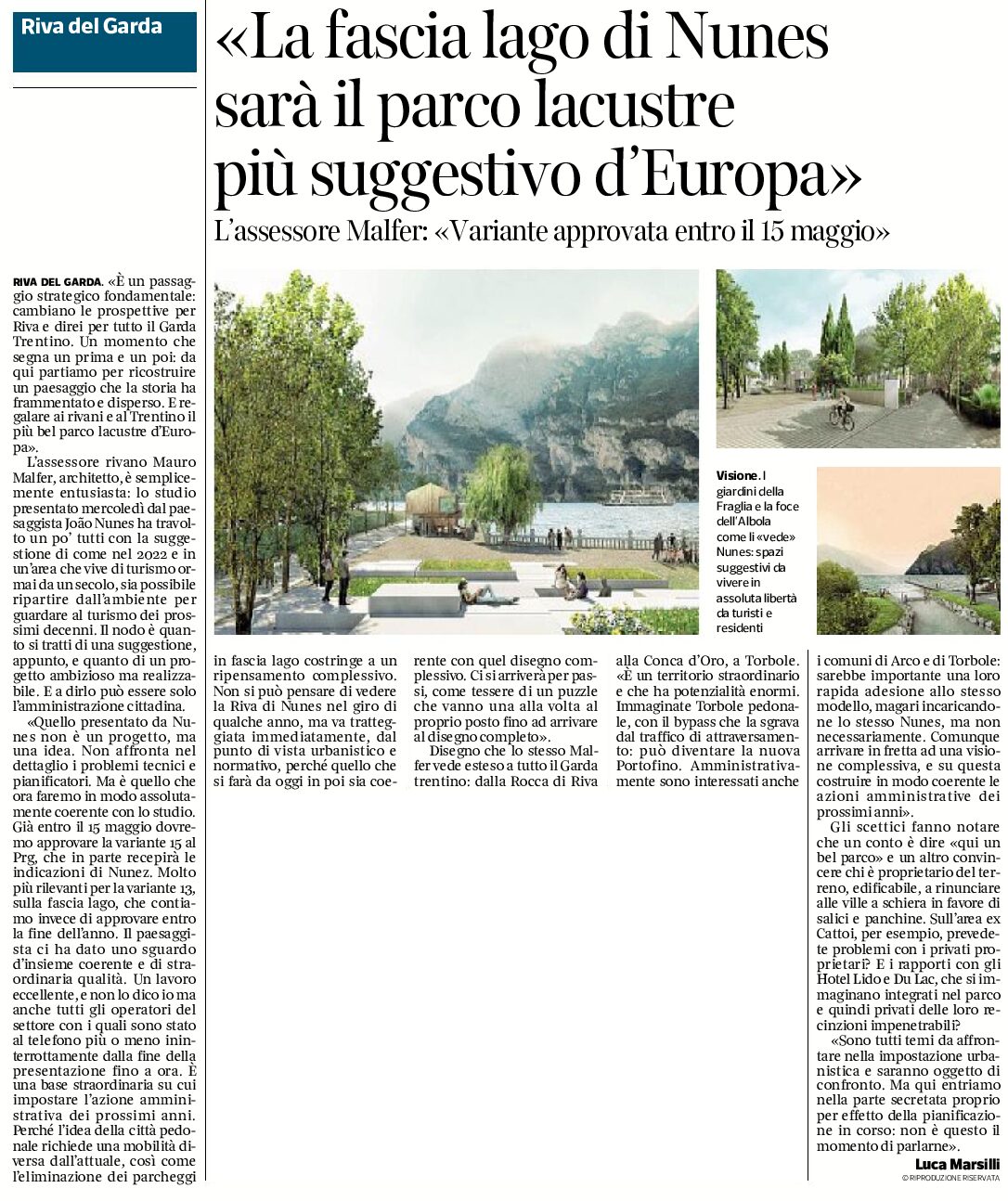 Riva: Malfer “la fascialago di Nunes sarà il parco lacustre più suggestivo d’Europa”