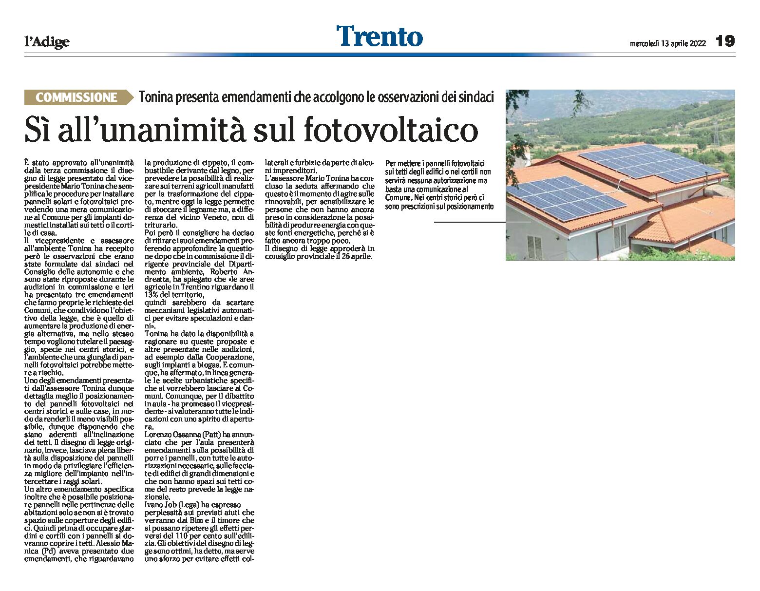 Fotovoltaico: sì all’unanimità. Tonina presenta emendamenti che accolgono le osservazioni dei sindaci