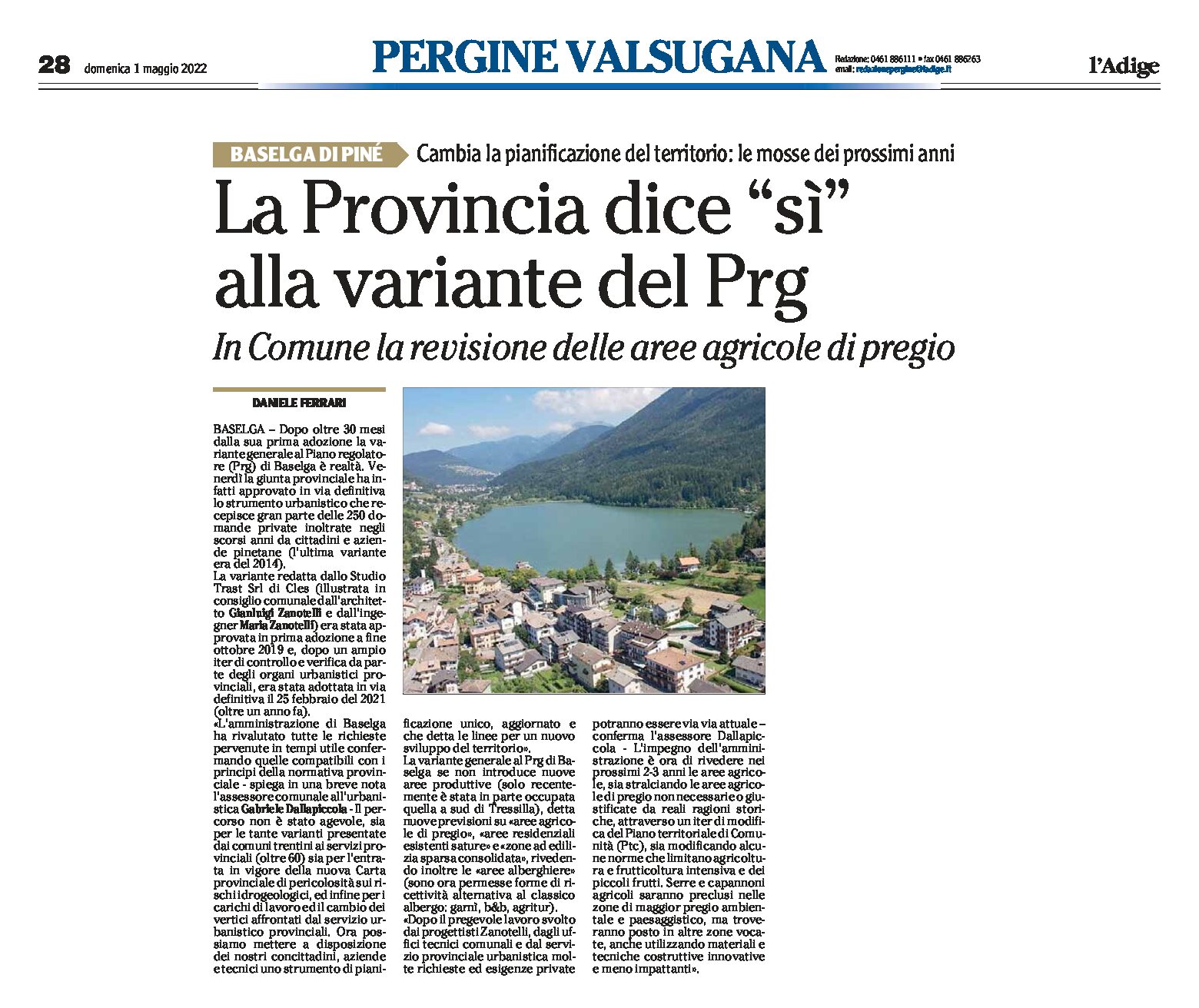 Baselga di Piné: la Provincia dice “sì” alla variante del Prg