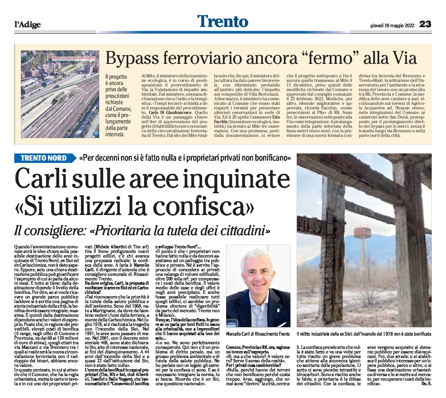 Trento, Carli: confisca delle aree inquinate