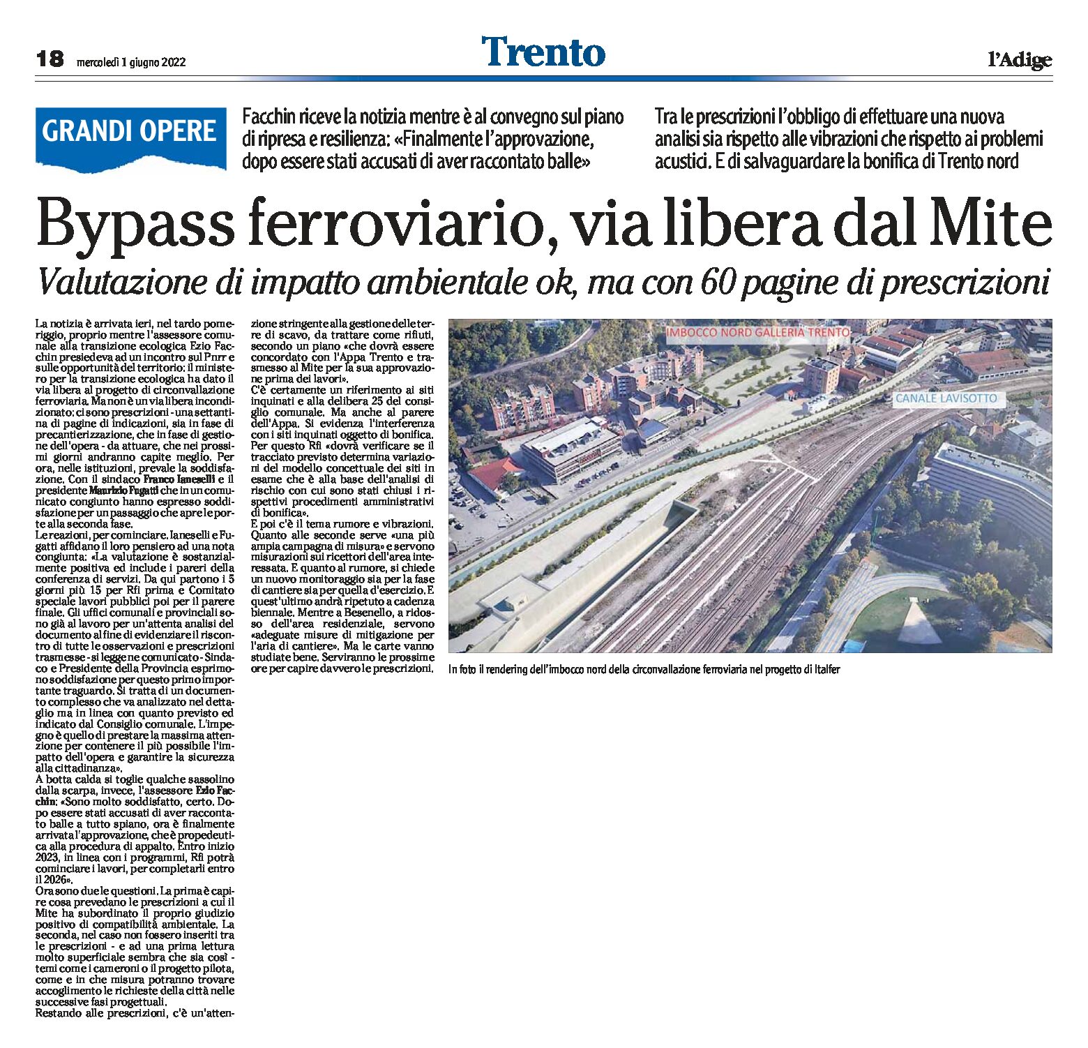Trento, bypass ferroviario: via libera dal Mite. Valutazione impatto ambientale ok, ma con 60 pagine di prescrizioni