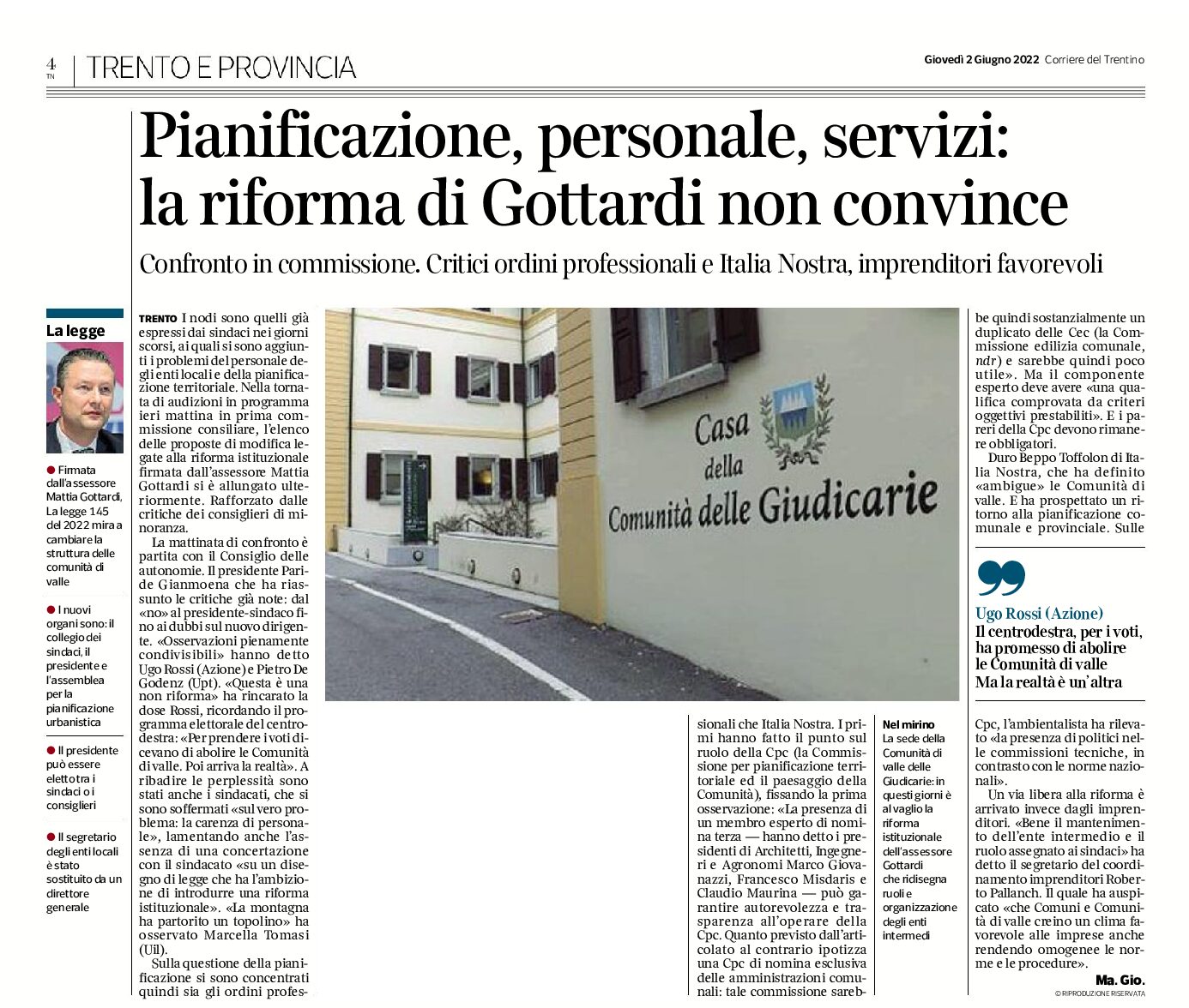 Comunità di valle: la riforma di Gottardi non convince. Critici ordini professionali e Italia Nostra