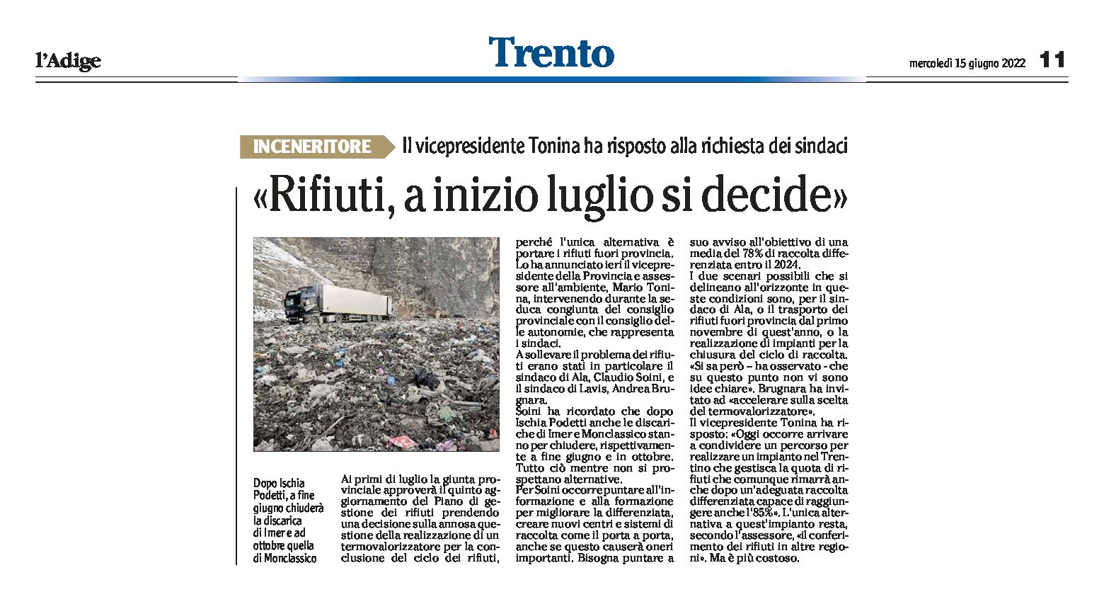 Trentino, rifiuti: Tonina “a inizio luglio si decide”