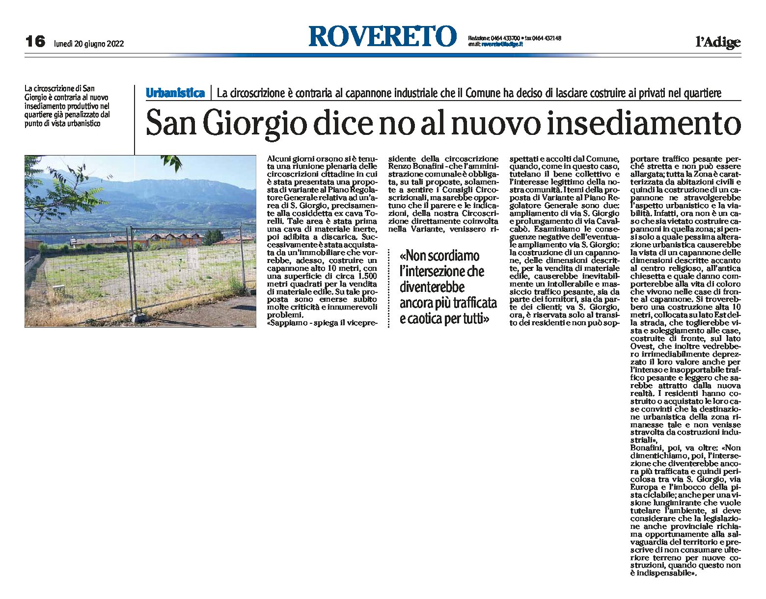 Rovereto, San Giorgio: la circoscrizione è contraria al nuovo insediamento