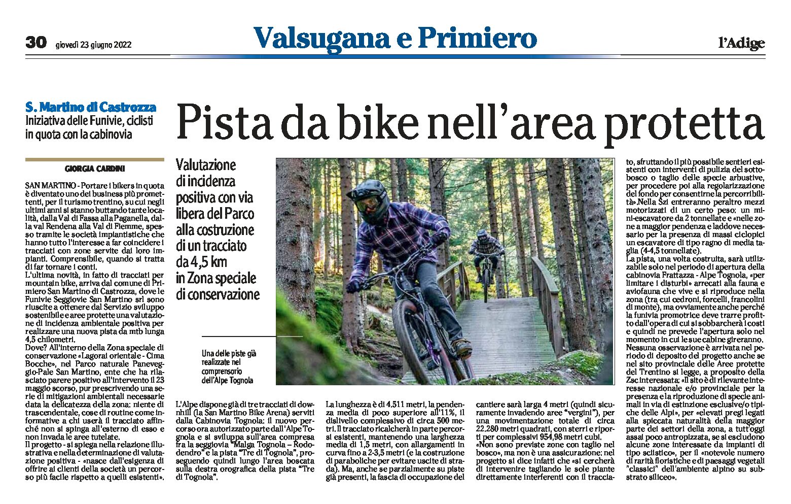 San Martino di Castrozza: pista da bike nell’area protetta. Via libera del Parco