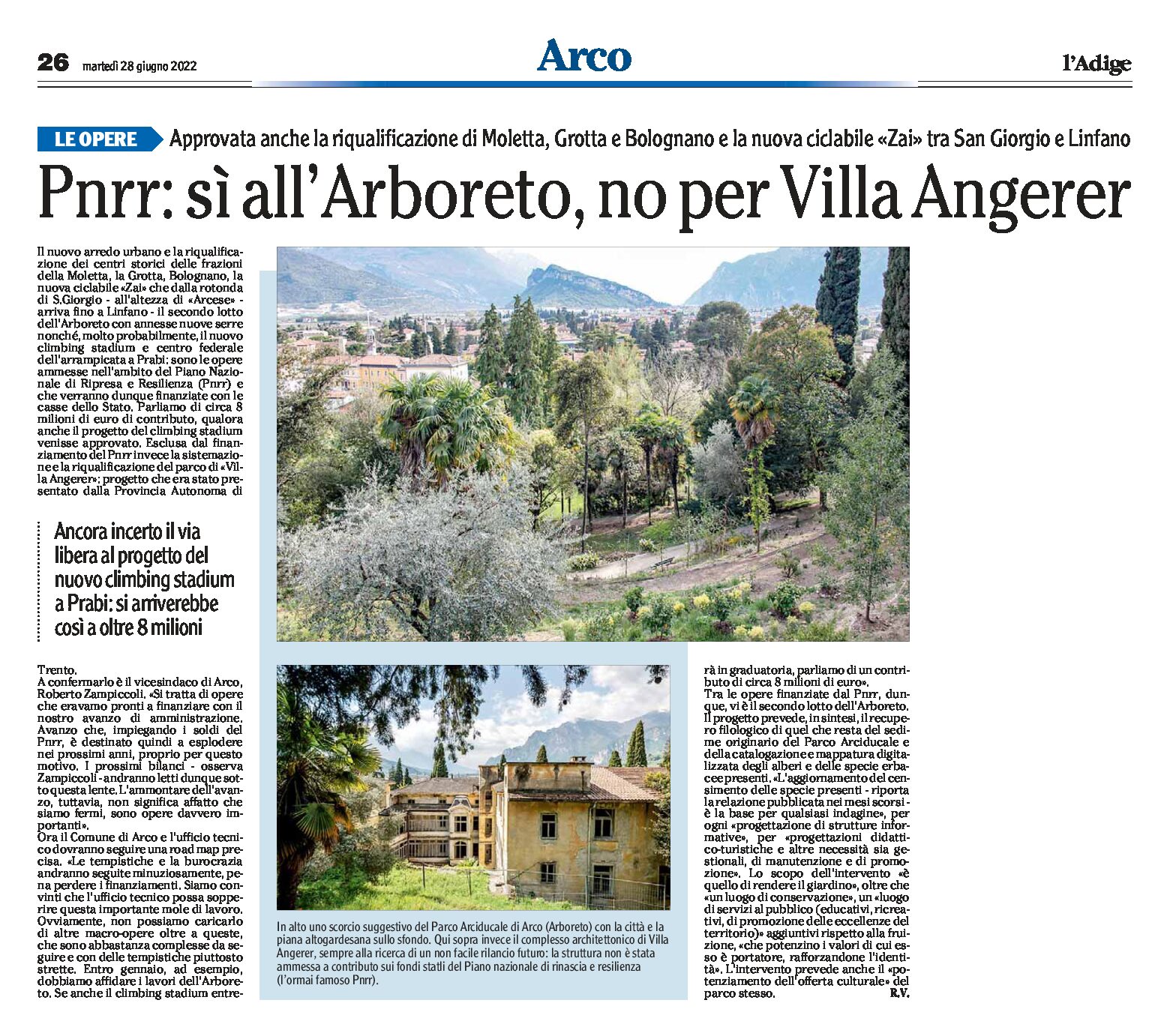 Arco, Pnrr: sì all’Arboreto, no per Villa Angerer