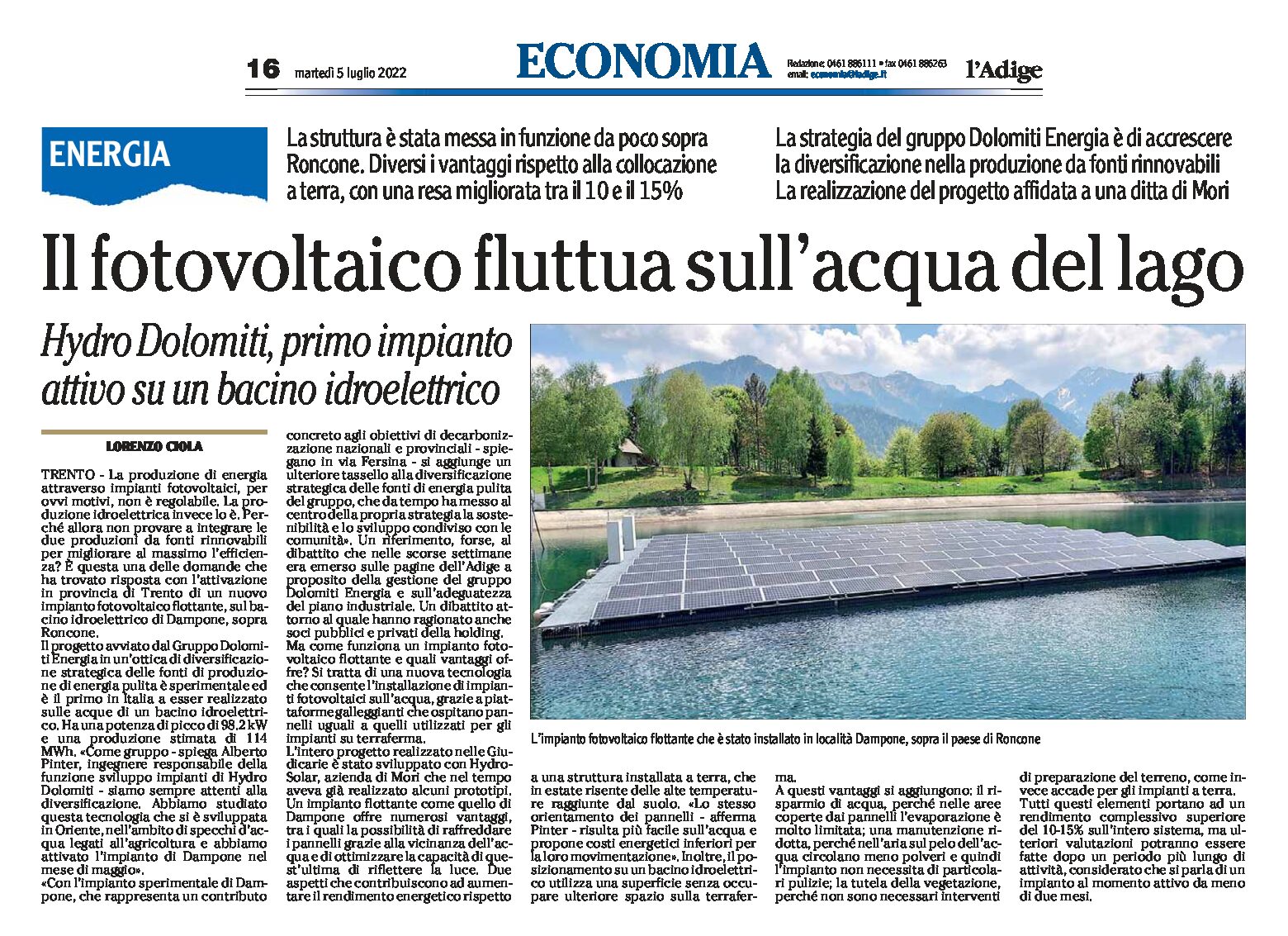 Roncone: il fotovoltaico fluttua sull’acqua del lago