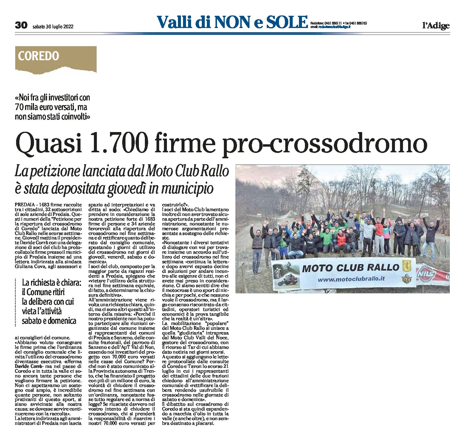 Coredo: quasi 1700 firme pro-crossodromo