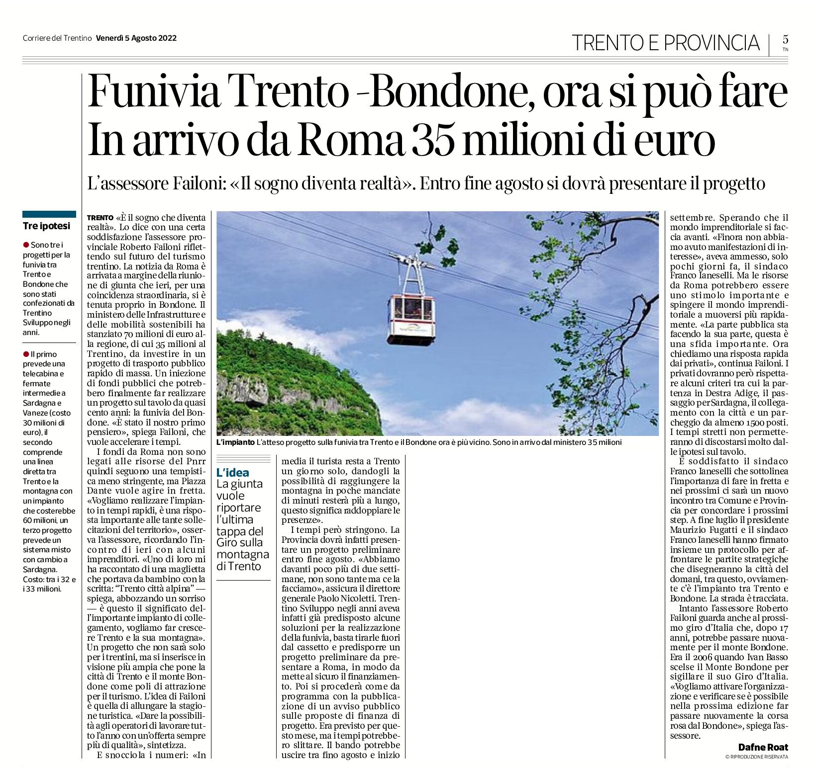 Funivia Trento-Bondone: ora si può fare, da Roma 35 milioni di euro