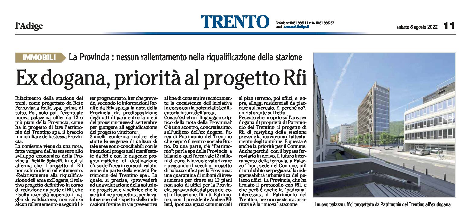 Trento, ex dogana: priorità al progetto Rfi