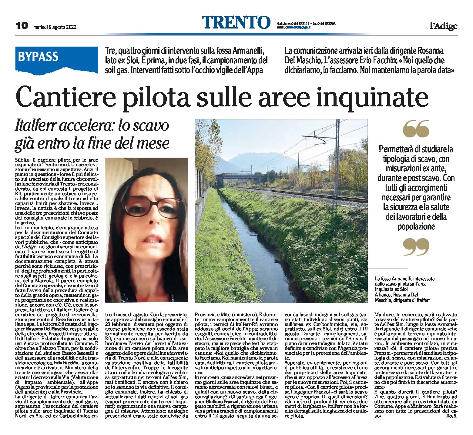 Trento, bypass: cantiere pilota sulle aree inquinate, scavo già entro fine mese