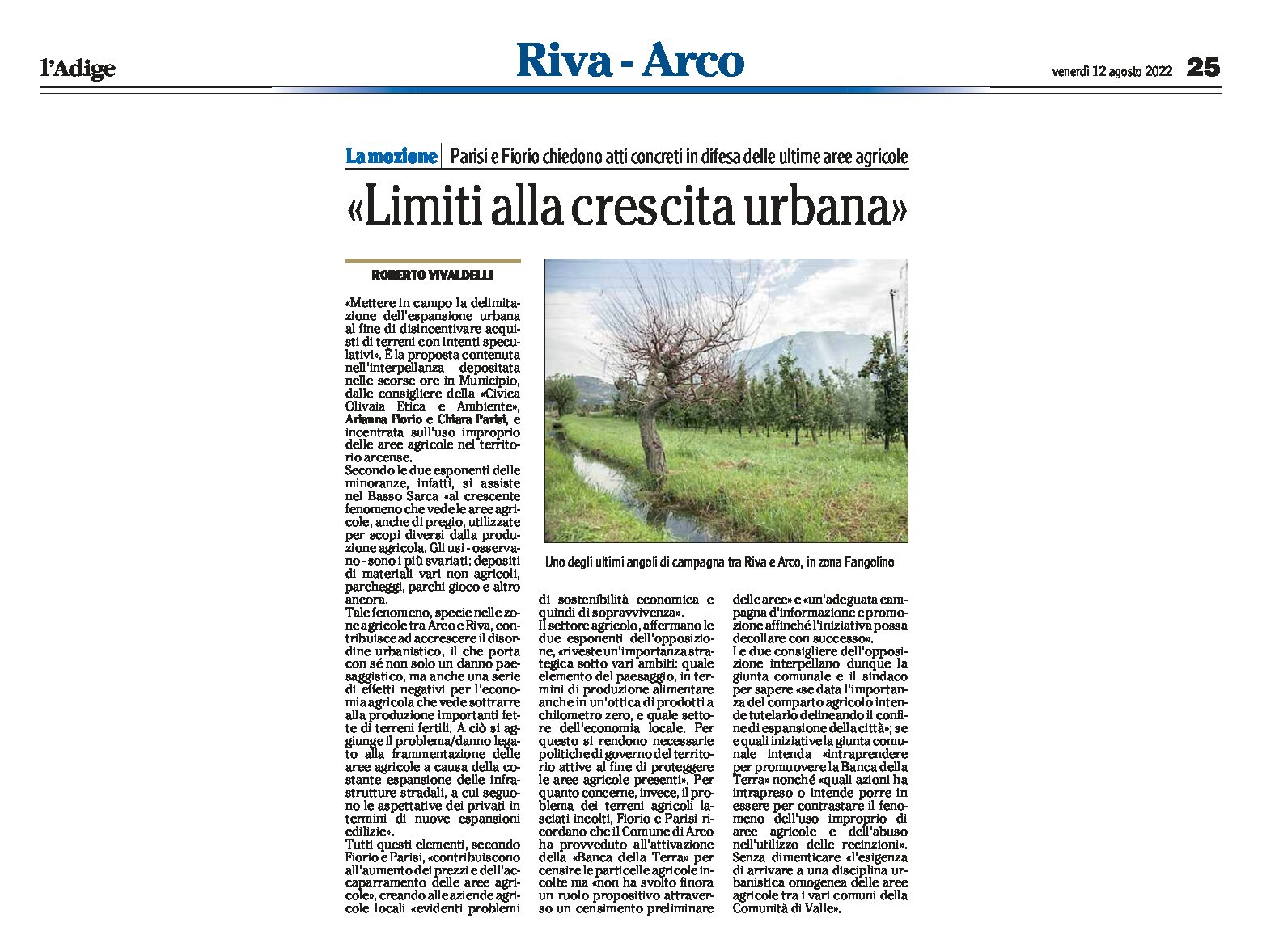 Arco e Riva: Civica Olivaia chiede “limiti alla crescita urbana” in difesa delle ultime aree agricole