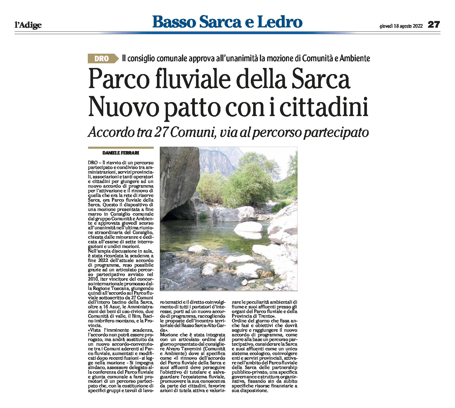 Dro: Parco fluviale della Sarca, nuovo patto con i cittadini