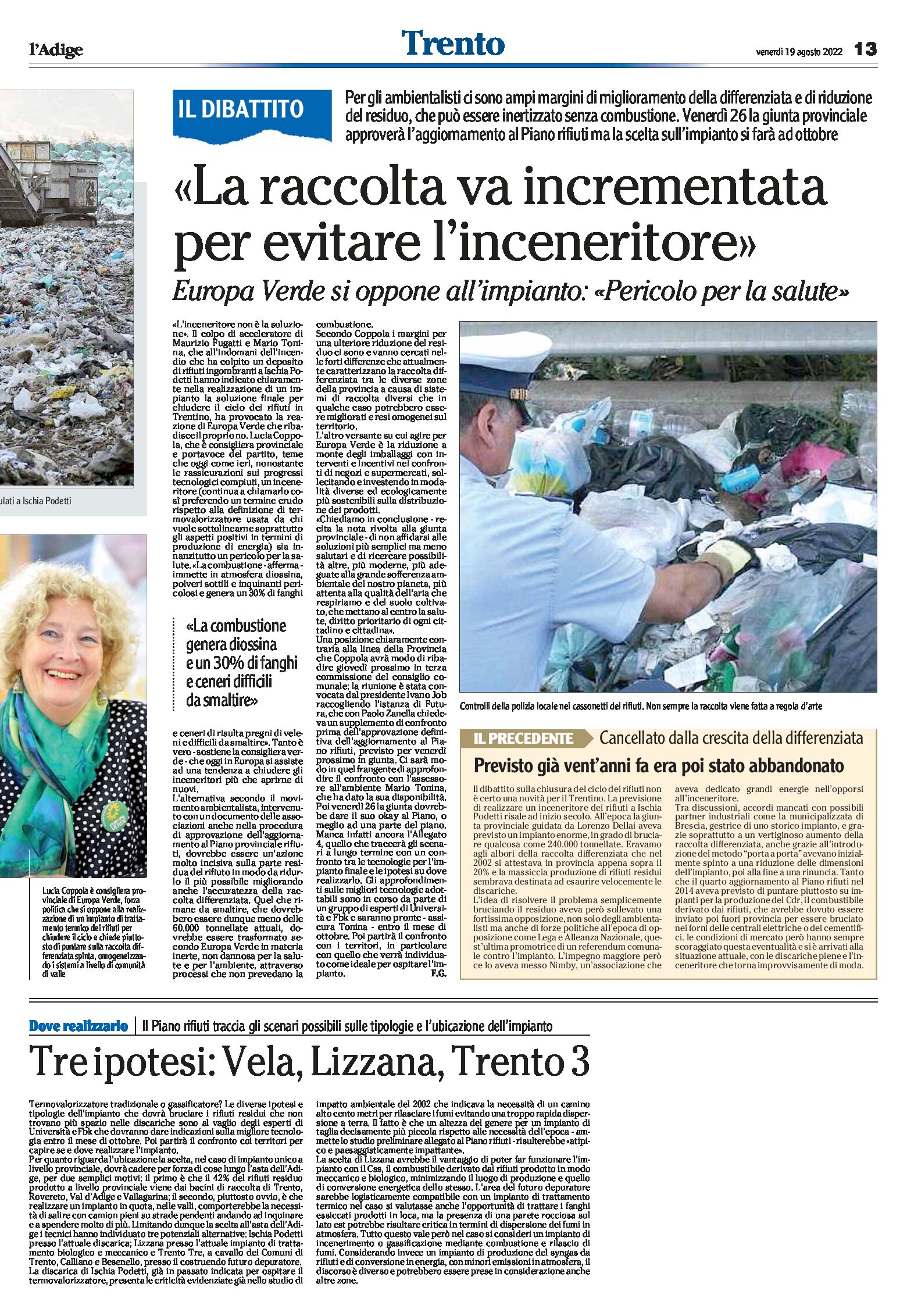 Trentino, rifiuti: la raccolta va incrementata per evitare l’inceneritore