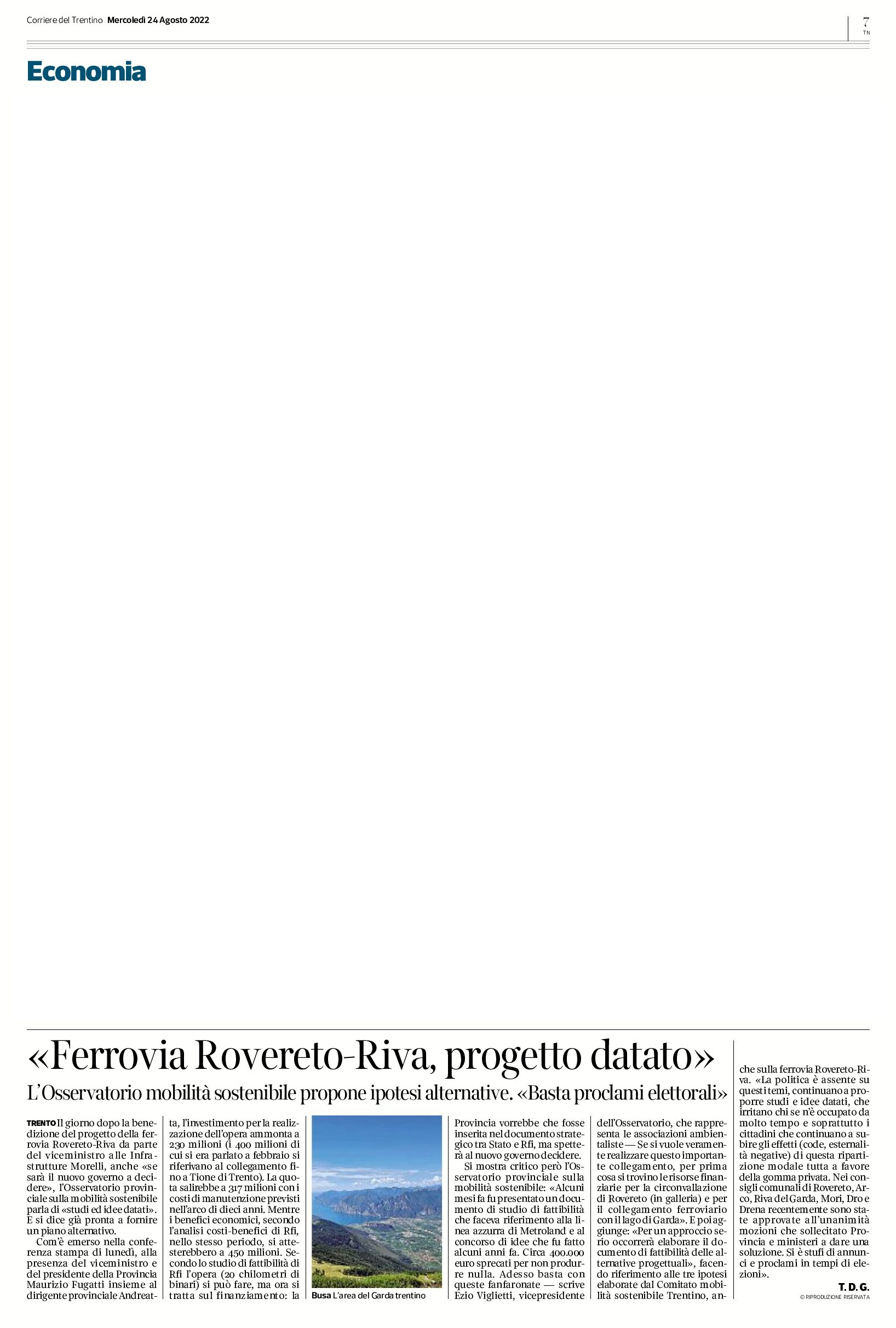 Ferrovia Rovereto-Riva: progetto datato. L’Osservatorio mobilità sostenibile propone ipotesi alternative