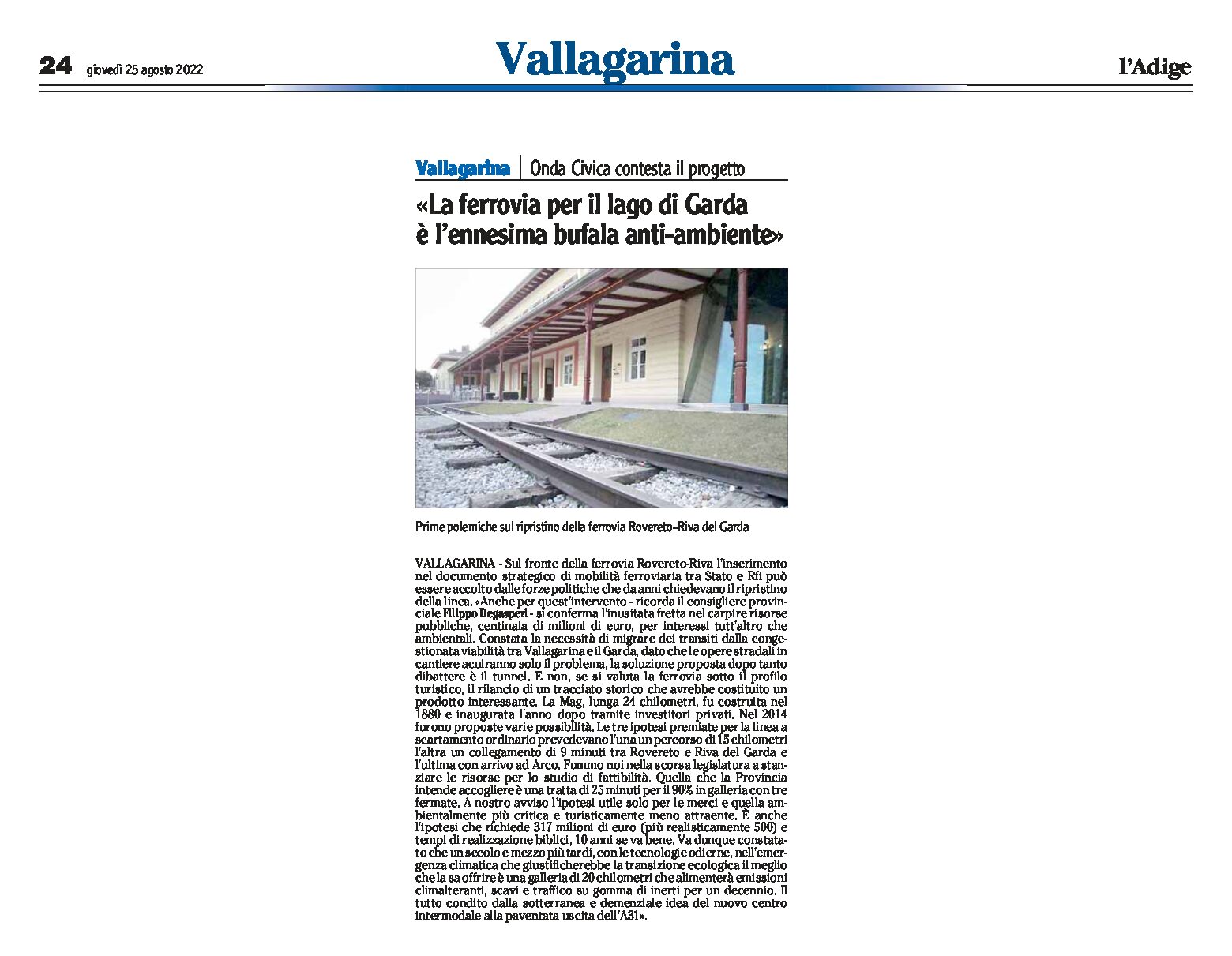 Ferrovia Rovereto-Riva: Onda Civica contesta il progetto “ennesima bufala anti-ambiente”