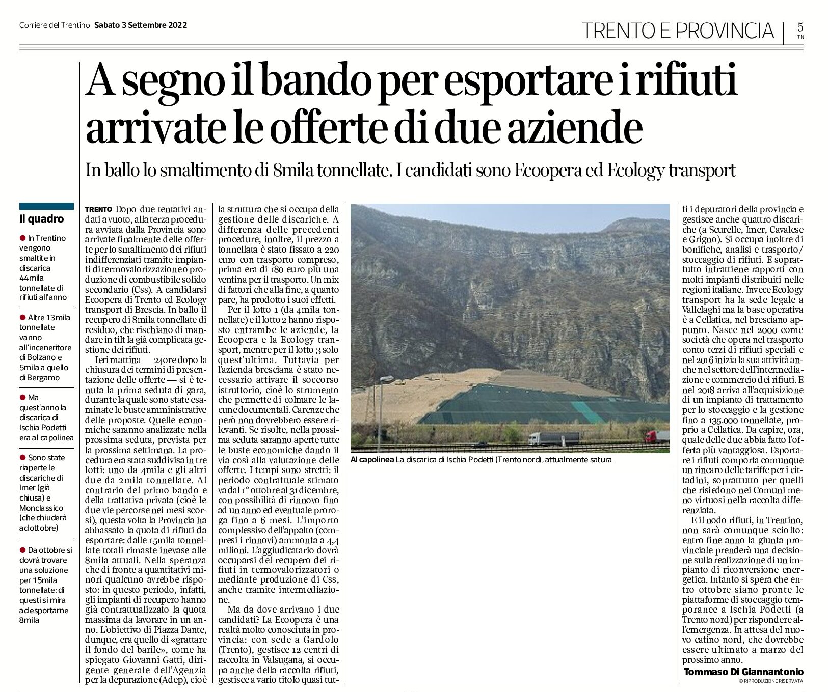 Trentino: a segno il bando per esportare i rifiuti. Arrivate le offerte di due aziende