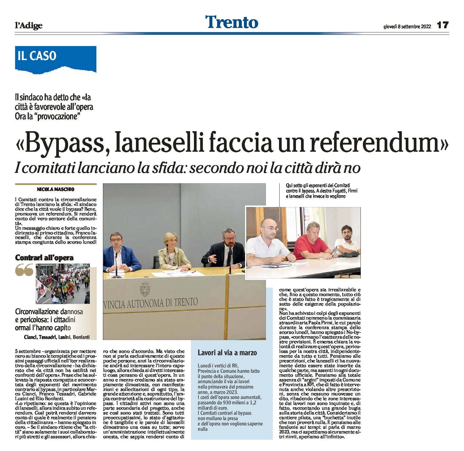 Trento, bypass: i comitati lanciano la sfida “Ianeselli faccia un referendum”