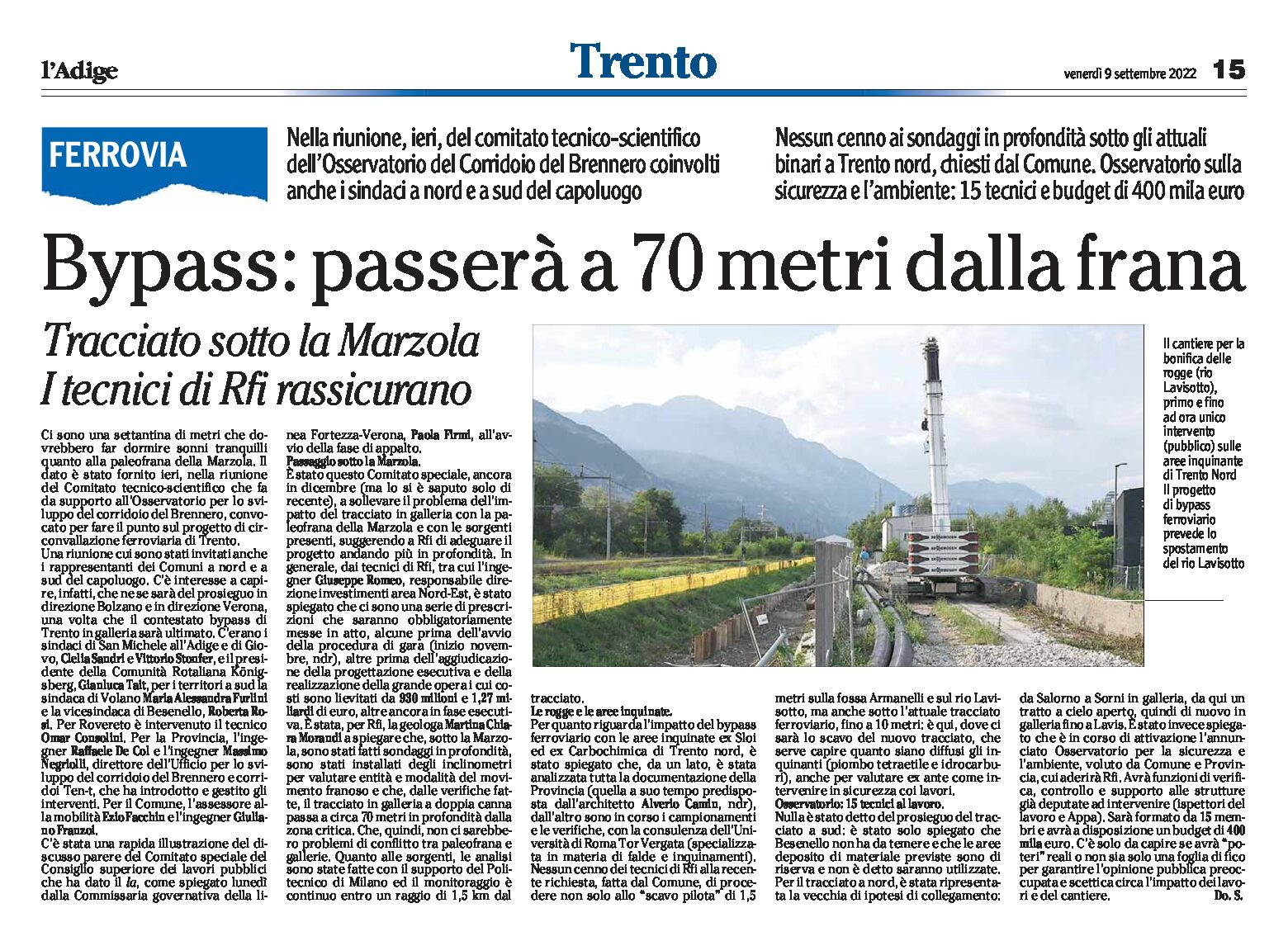 Trento, bypass: passerà a 70 metri dalla frana, tracciato sotto la Marzola. I tecnici di Rfi rassicurano