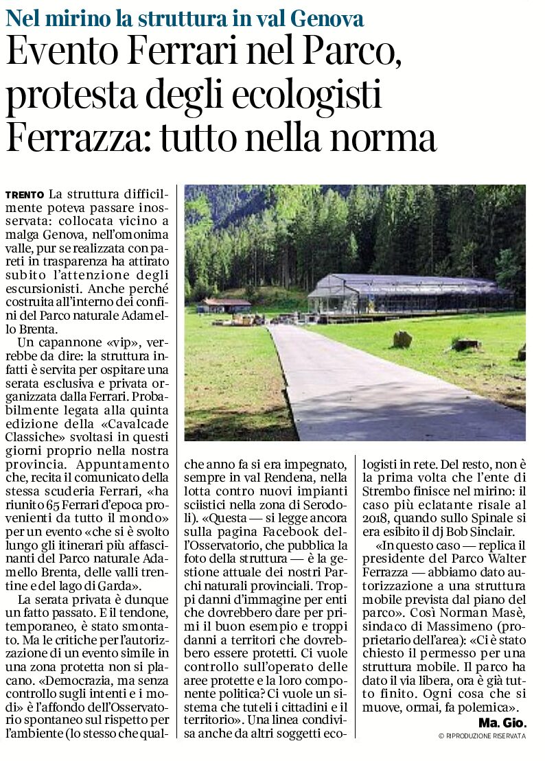 Val Genova: evento Ferrari nel Parco Adamello Brenta. Protesta degli ecologisti
