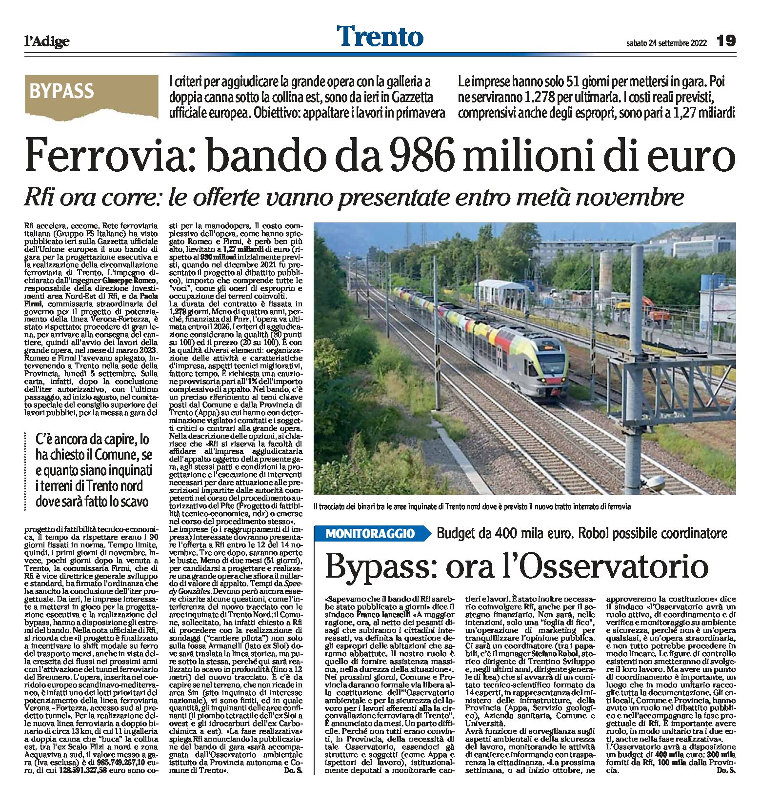 Trento, bypass ferroviario: bando da 986 milioni di euro. Le offerte vanno presentate entro metà novembre