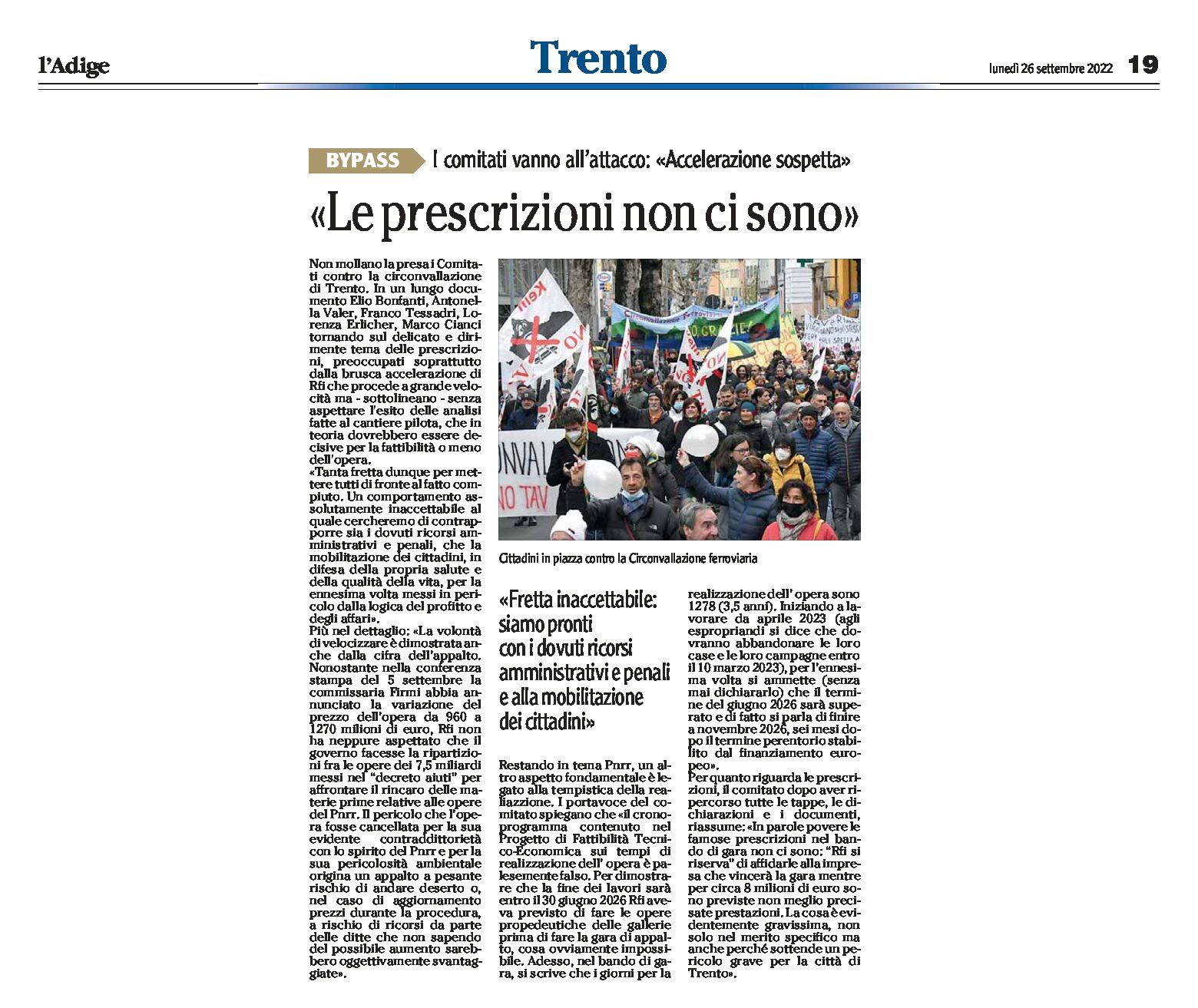 Trento, bypass: i comitati “accelerazione sospetta, le prescrizioni non ci sono”