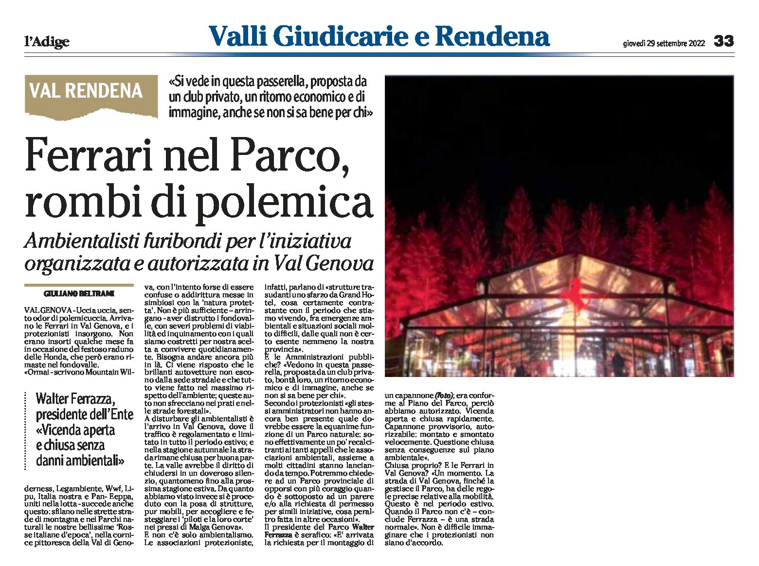 Val Genova: Ferrari nel Parco, rombi di polemica. Ambientalisti furibondi