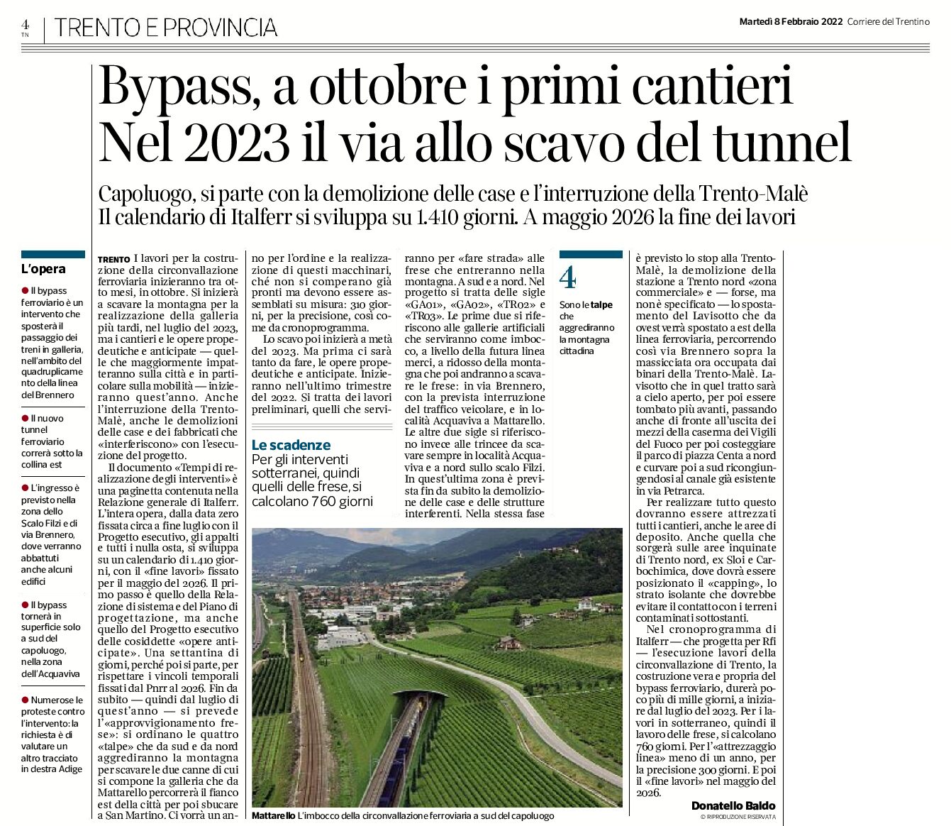 Trento, bypass: a ottobre i primi cantieri. Nel 2023 il via allo scavo del tunnel