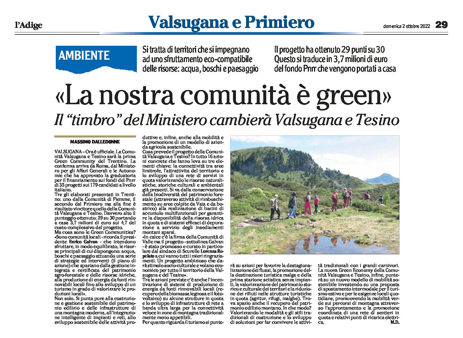Valsugana e Tesino: “la nostra comunità è green”