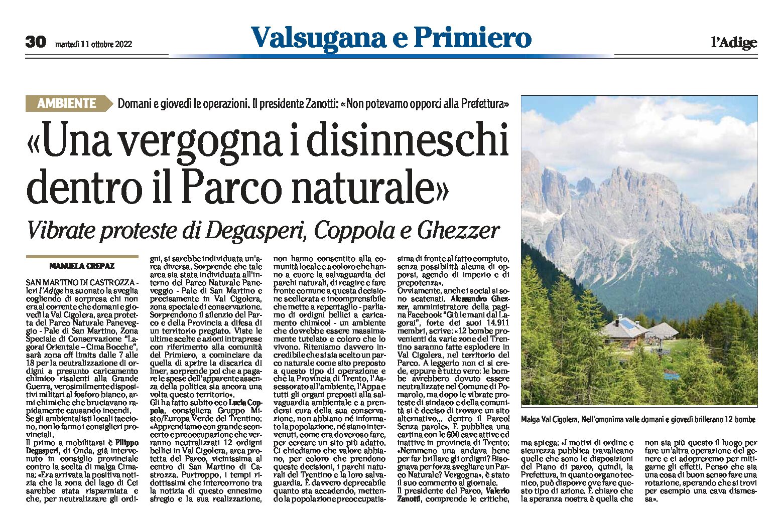 San Martino di Castrozza: una vergogna i disinneschi dentro il Parco Naturale Paneveggio