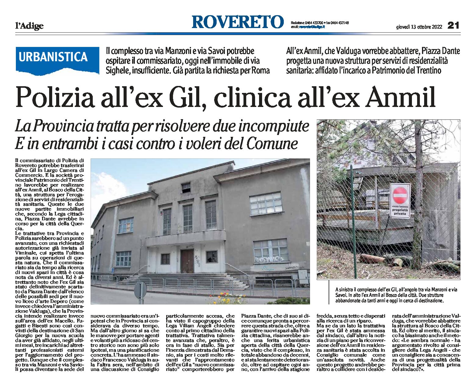 Rovereto: polizia all’ex Gil, clinica all’ex Anmil