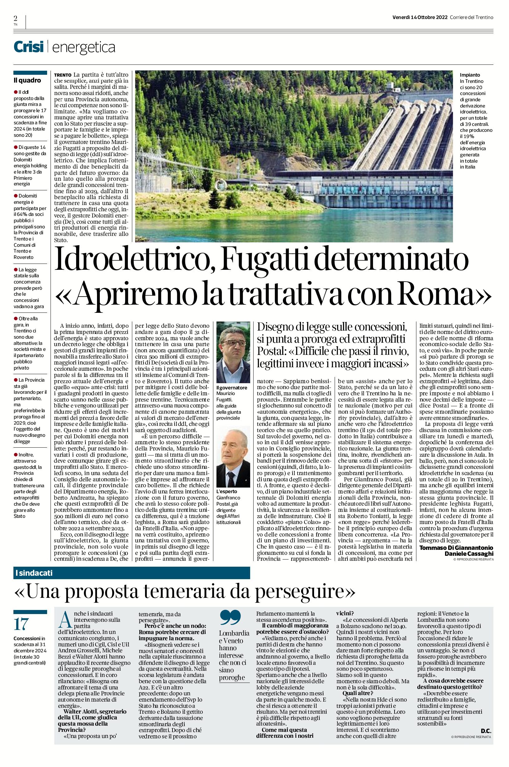 Idroelettrico: Fugatti determinato “apriremo la trattativa con Roma”