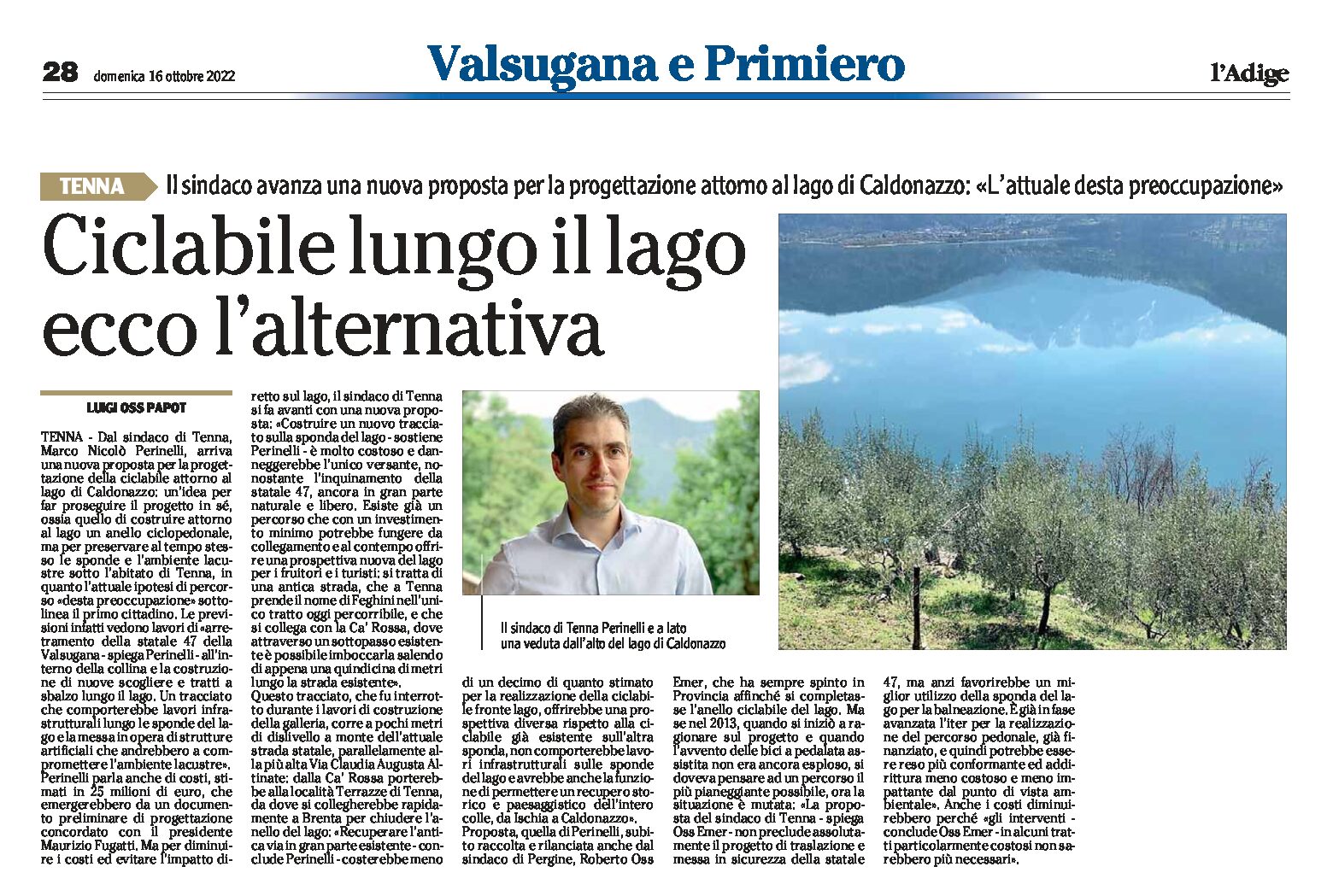 Tenna, il sindaco: nuova proposta per una ciclabile attorno al lago di Caldonazzo