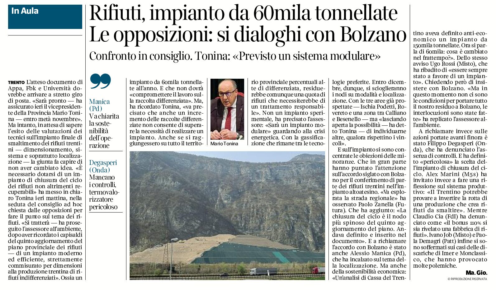 Trentino, rifiuti: impianto da 60mila tonnellate, previsto un sistema modulare. Le opposizioni “si dialoghi con Bolzano”