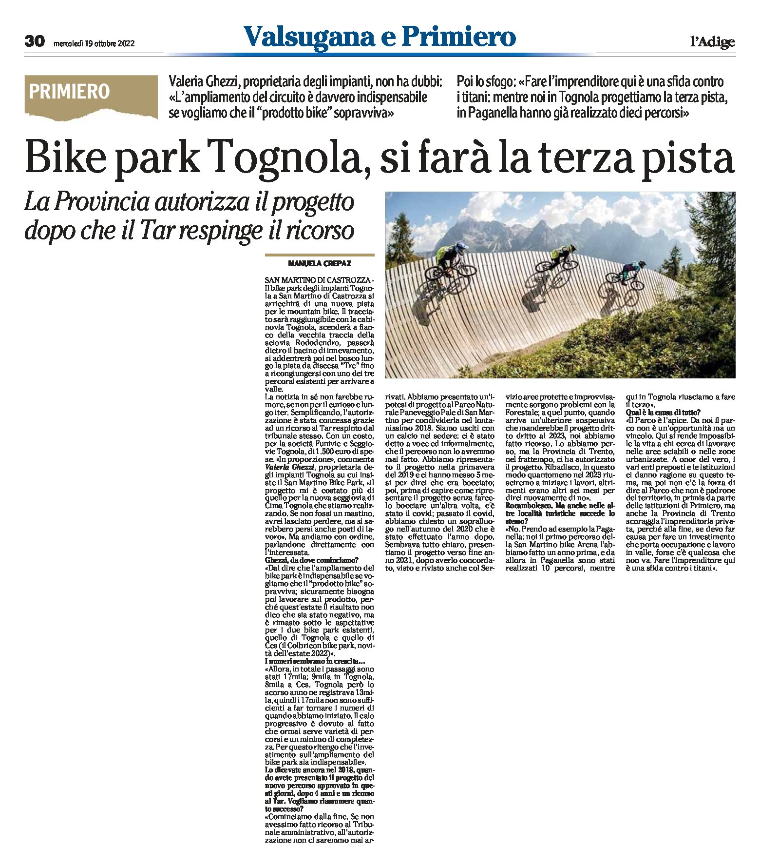 Bike park Tognola: si farà la terza pista. La Provincia autorizza il progetto