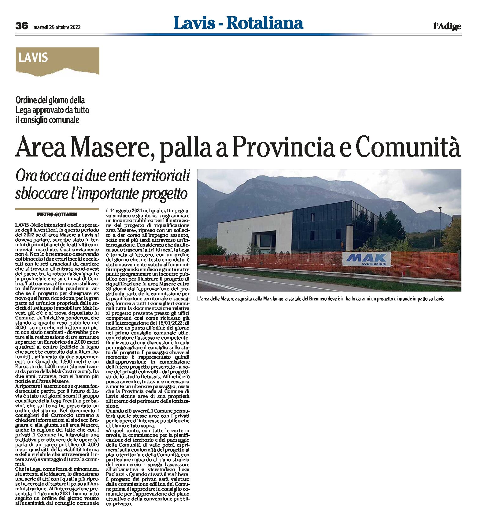 Lavis, area Masere: ora tocca ai due enti territoriali sbloccare l’importante progetto